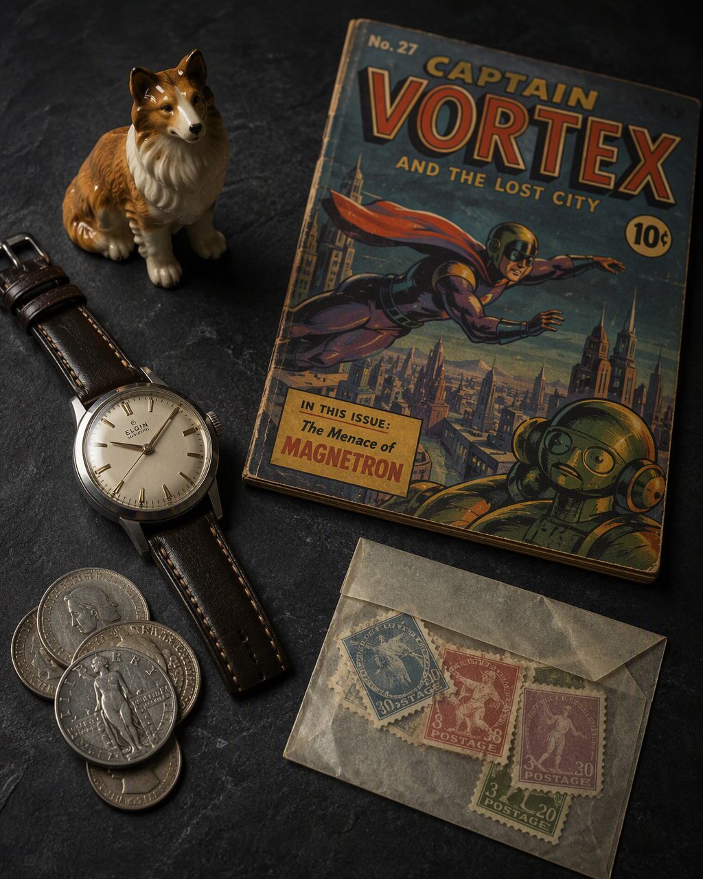 Illustrative still life of coins, stamps, a wristwatch, a comic and a figurine